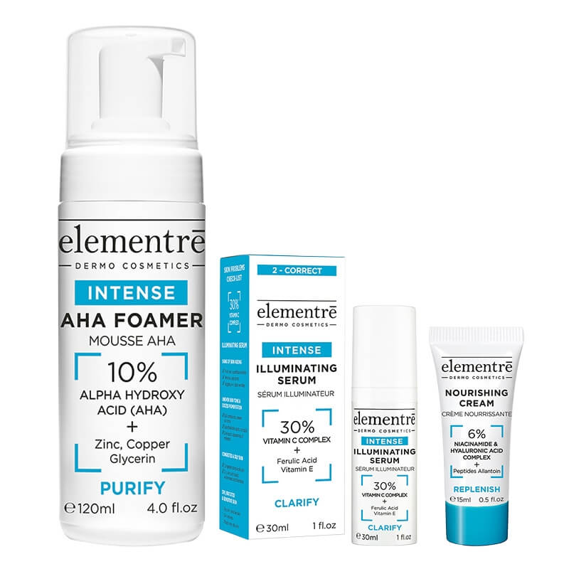 Elementre Glow Reset ZESTAW Pianka złuszczająca i oczyszczająca 120 ml + Serum z 30% kompleksem witaminy C, 30 ml + Krem odżywczy 15 ml