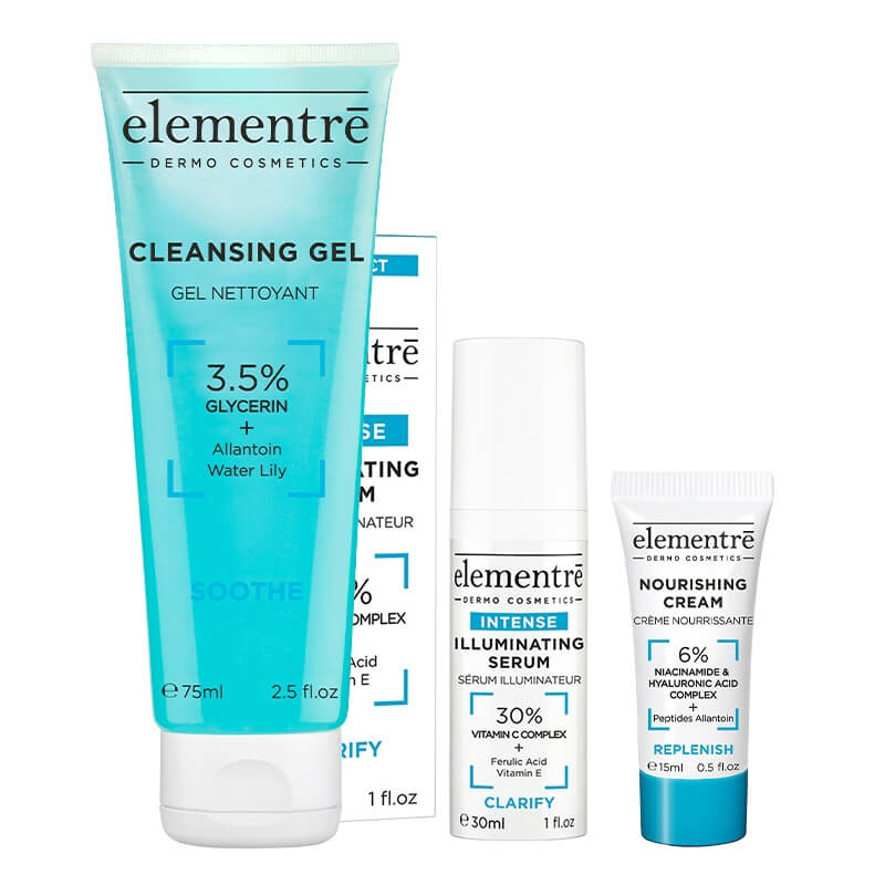 Elementre Illuminating Set ZESTAW Serum z 30% kompleksem witaminy C, 30 ml + Krem odżywczy 15 ml + Żel oczyszczający 75 ml