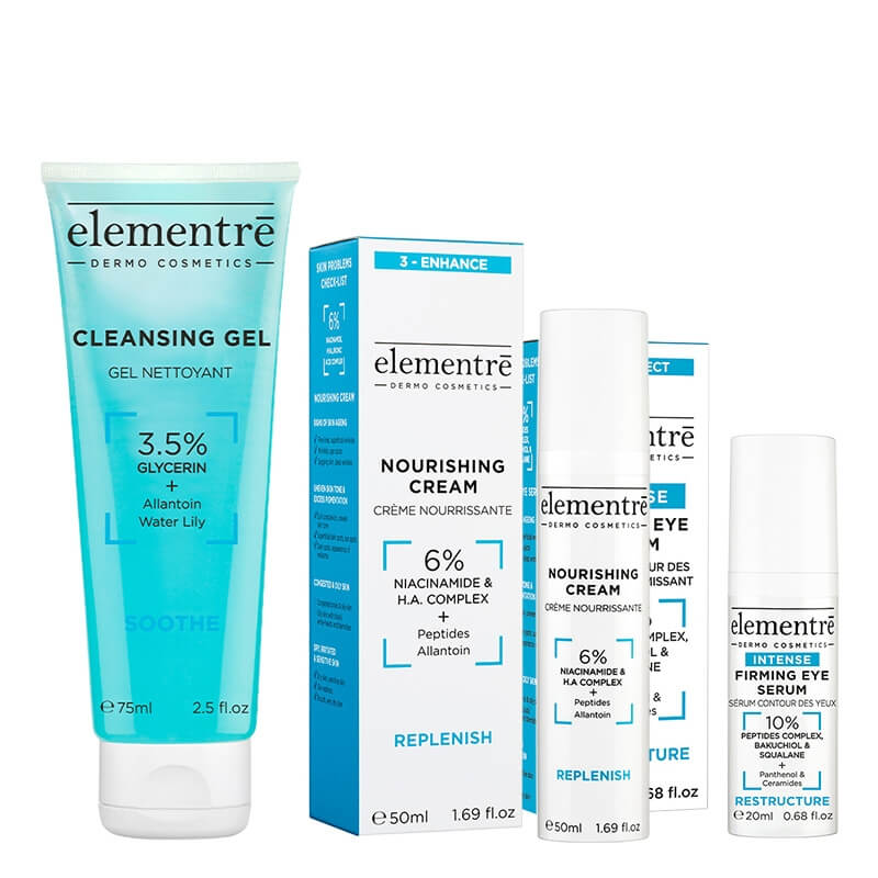 Elementre Nourishing + Firming + Cleansing ZESTAW Krem odżywczy 50 ml + Ujędrniające serum pod oczy 20 ml + Żel oczyszczający 75 ml