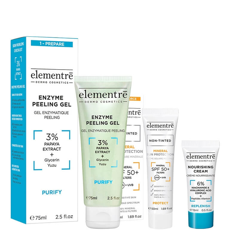 Elementre Skin Care Rutine ZESTAW Enzymatyczny żel peelingujący 75 ml + Filtr mineralny SPF 50 (kolor Non Tinted) 50 ml + Krem odżywczy 15 ml