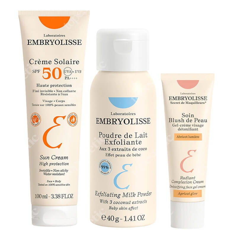 Embryolisse Clean and Protect ZESTAW Delikatny puder peelingujący 40 g + Krem Przeciwsłoneczny SPF 50+ 100 ml + Detoksykująco - upiekszający krem żel - Apricot Glow 30 ml