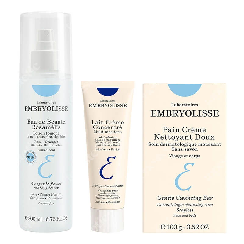 Embryolisse Complex Care ZESTAW Dermatologiczna kostka myjąca 100 g + Woda piękności Rosamelis 200 ml + Krem odżywczo-nawilżający 30 ml
