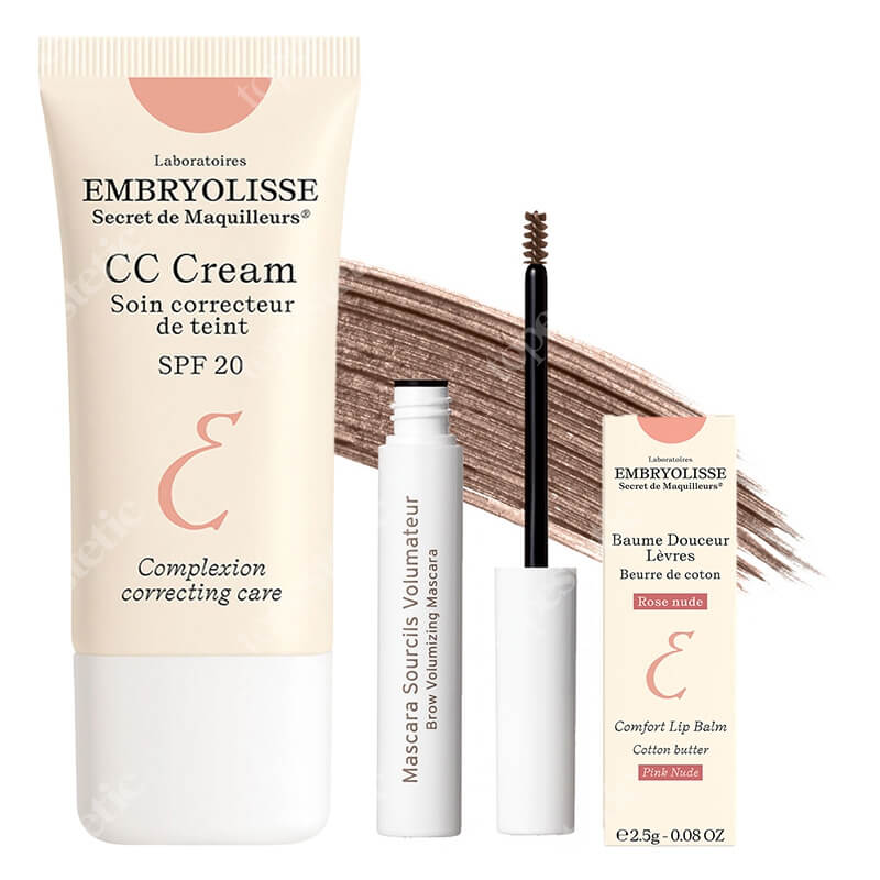 Embryolisse Delicate Make Up ZESTAW CC krem 30 ml + Pogrubiająca mascara i pogrubiające serum do brwi (kolor - jasny brąz) 5 ml + Koloryzująco-odżywczy balsam do ust 2,5g