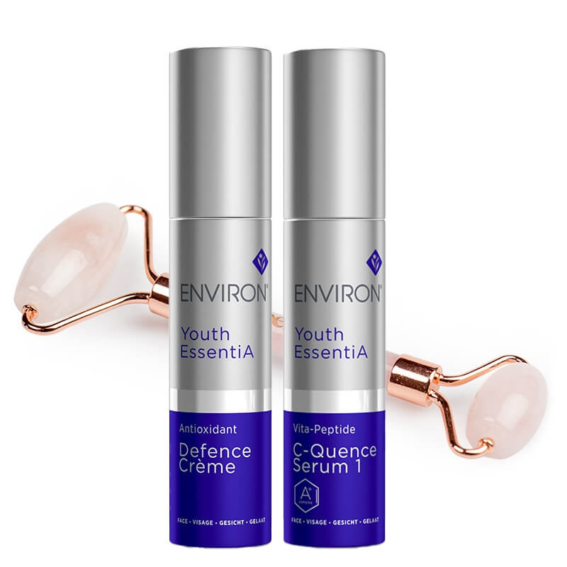 Environ C Quence Serum 1 + Defence Creme + Roller Topestetic ZESTAW Serum 35 ml + Krem odżywczy 35 ml + Roller różowy kwarc 1 szt
