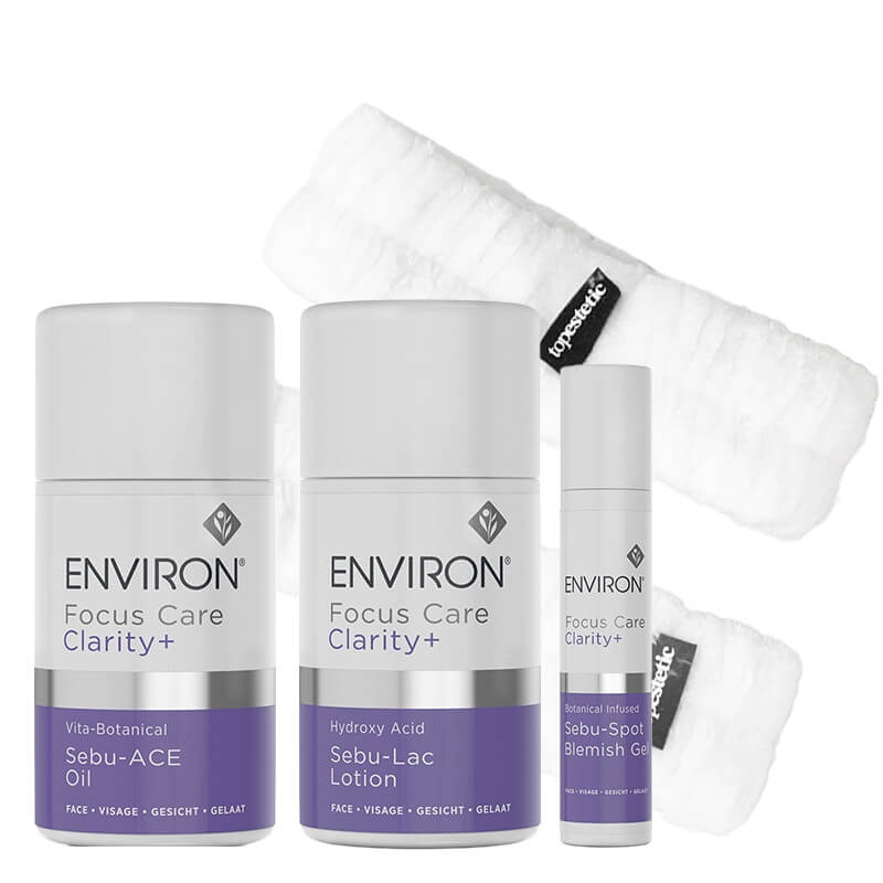 Environ Clarity+ Set ZESTAW Miejscowa kuracja 10 ml + Emulsja 60 ml + Roślinny olejek 60 ml + Opaski nadgarstki 2 szt + Opaska na głowę 1 szt