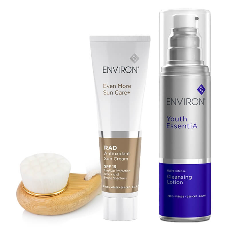 Environ Cleansing Lotion + RAD SPF 15 + Bambusowa szczotka Topestetic ZESTAW Lotion zmywający 200 ml + Krem RAD SPF 100 ml + Szczotka do mycia twarzy 1 szt