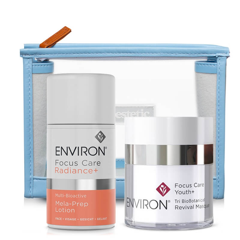 Environ Revival Masque + Mela-Prep Lotion ZESTAW Maska intensywnie rewitalizująca 50 ml + Lotion na przebarwienia 60 ml + Kosmetyczka 1 szt