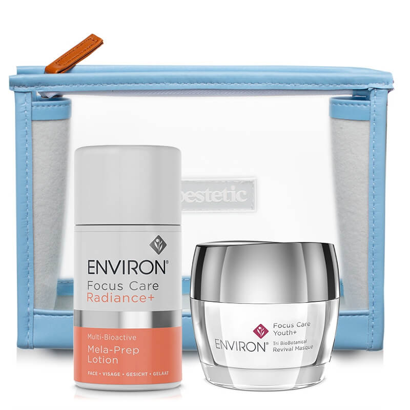 Environ Revival Masque + Mela-Prep Lotion ZESTAW Maska intensywnie rewitalizująca 50 ml + Lotion na przebarwienia 60 ml + Kosmetyczka 1 szt