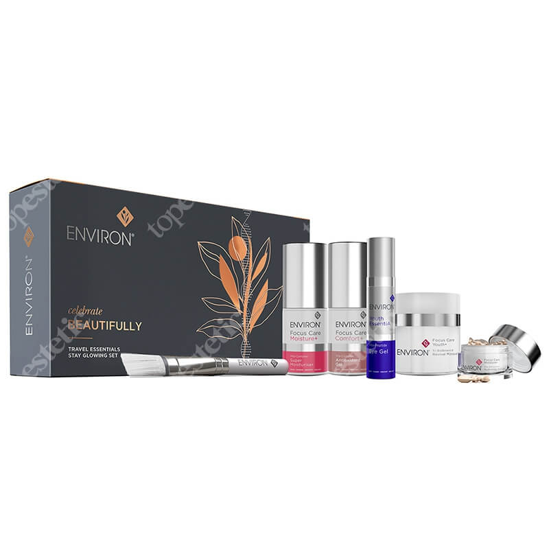 Environ Travel Essentials Stay Glowing Set ZESTAW Żel wokół oczu 10 ml + Maska rewitalizująca 15 ml + Nawilżacz 15 ml + Żel 15 ml + Kapsułki 10 szt + Pędzelek 1 szt