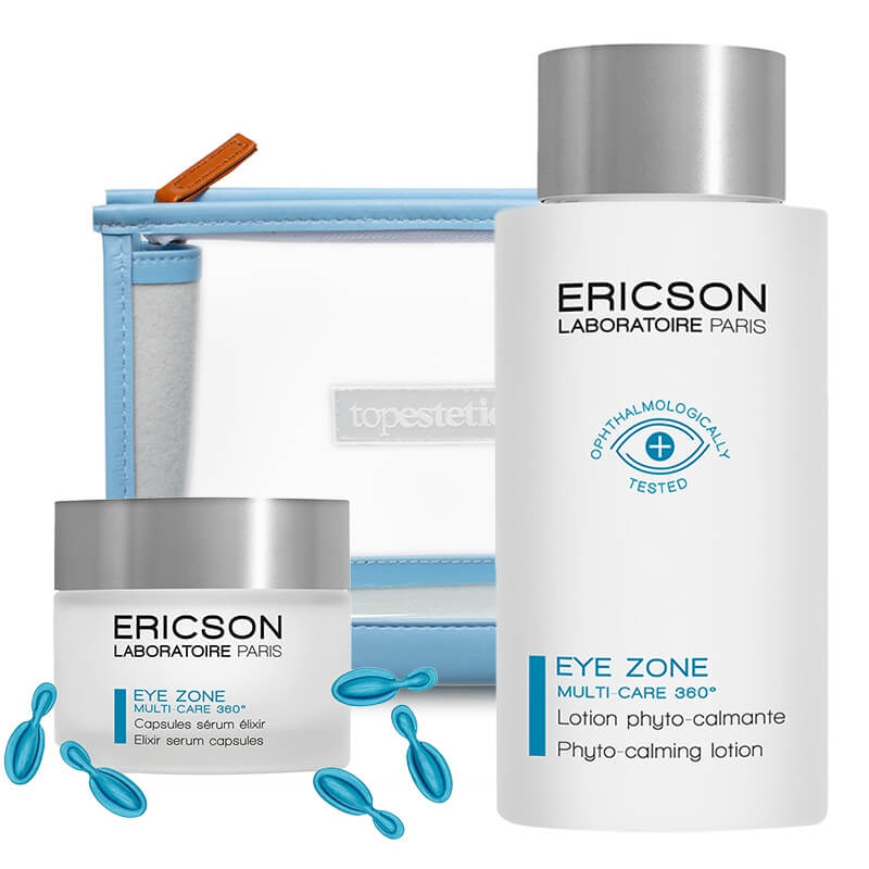 Ericson Laboratoire Eye Zone Phyto-Calming Lotion + Eye Zone Elixir Serum Capsules ZESTAW Tonik łagodzący do okolic oczu 125 ml + Kapsułki na zmęczone oczy 50 kaps. + Kosmetyczka 1 szt