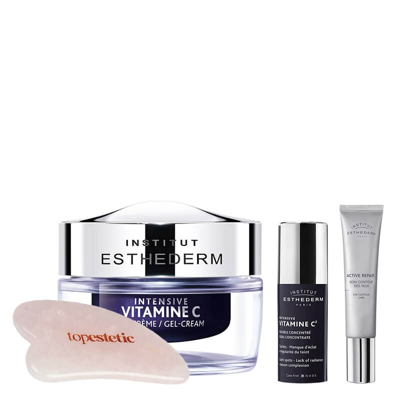 Esthederm Active Repair + Intensive Vitamine C + Gua Sha Topesteic ZESTAW Regenerujący krem pod oczy 15 ml + Serum z witaminą C 10 ml + Żel-krem z witaminą C 50 ml + Gua sha 1 szt