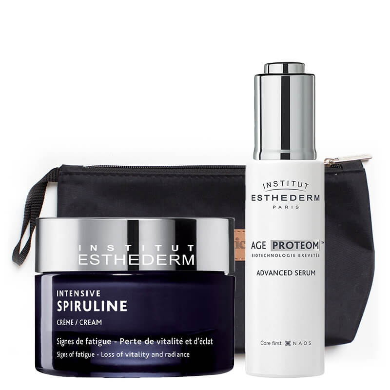 Esthederm Age Proteom Serum + Intensive Spiruline Cream ZESTAW Serum przeciwstarzeniowe 30 ml + Krem ze spiruliną 50 ml + Kosmetyczka 1 szt