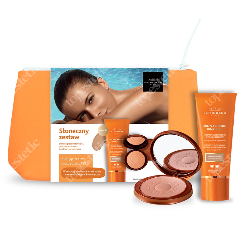 Esthederm Bronz Repair Sun Kissed + Tinted Sun Sheen Powder ZESTAW Przeciwzmarszczkowy krem ochronny 50 ml + Puder brązujący 15 g + kosmetyczka