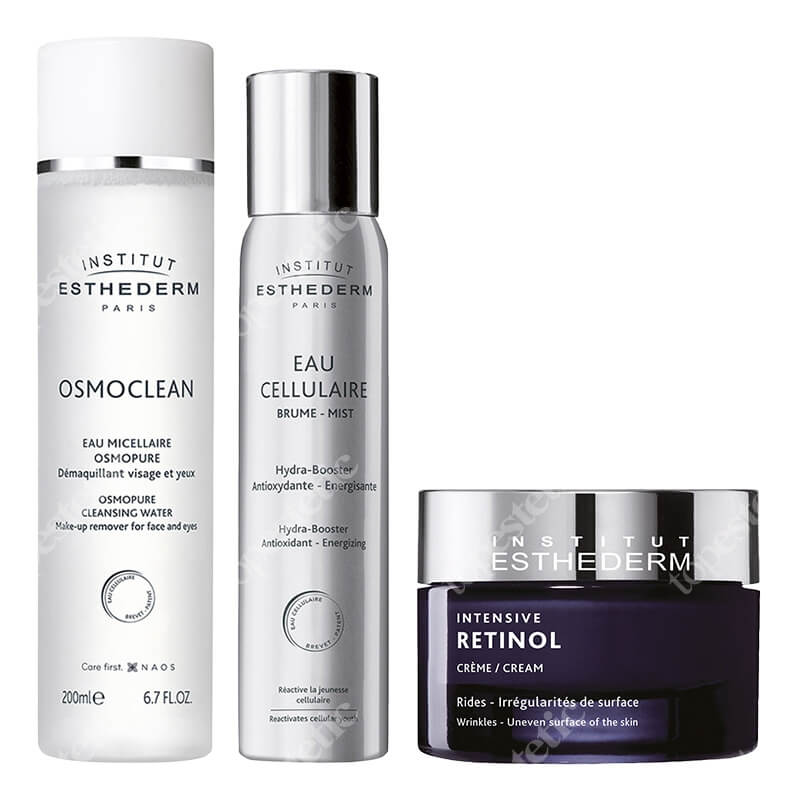 Esthederm Cleansing Water + Water Mist + Intensive Retinol Cream ZESTAW Płyn micelarny 200 ml + Woda komórkowa 100 ml + Krem z retinolem 50 ml
