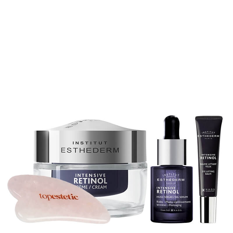 Esthederm Intensive Retinol + Gua Sha Topestetic ZESTAW Liftingujący balsam pod oczy 15 ml + Oleiste serum 15 ml + Krem z retinolem 50 ml + Gua sha 1 szt