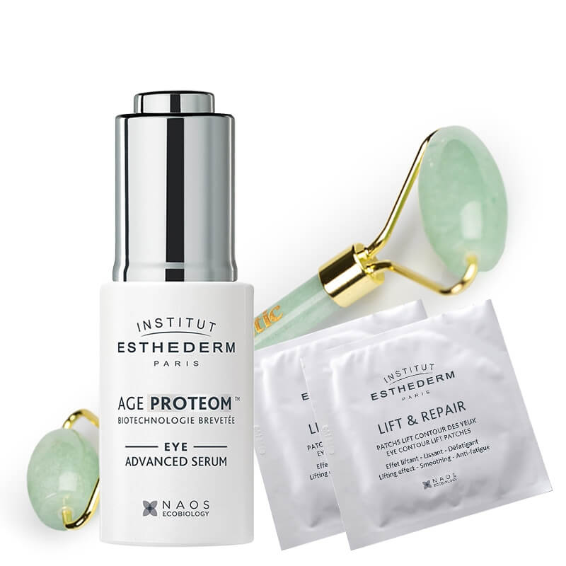 Esthederm Lifting Eye Kit ZESTAW Serum pod oczy 15 ml + Płatki pod oczy 10x2 szt. + Roller jadeit 1 szt