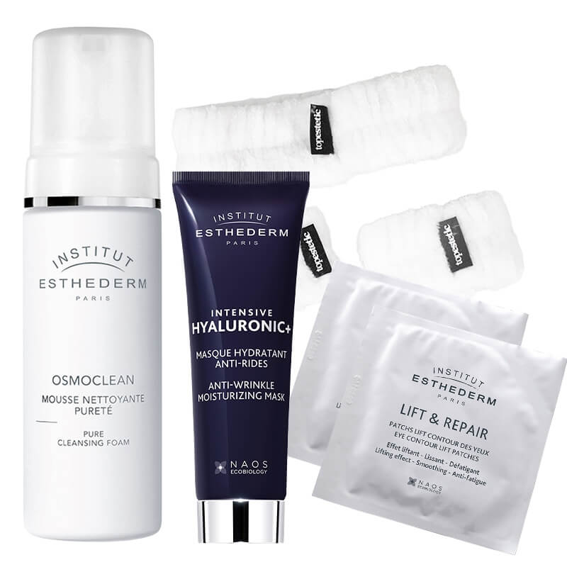 Esthederm Moisturizing and Lifting Set ZESTAW Pianka 150 ml + Płatki pod oczy 10x2 szt. + Maska nawilżająca 75 ml + Opaski nadgarstki 2 szt + Opaska na głowę 1 szt