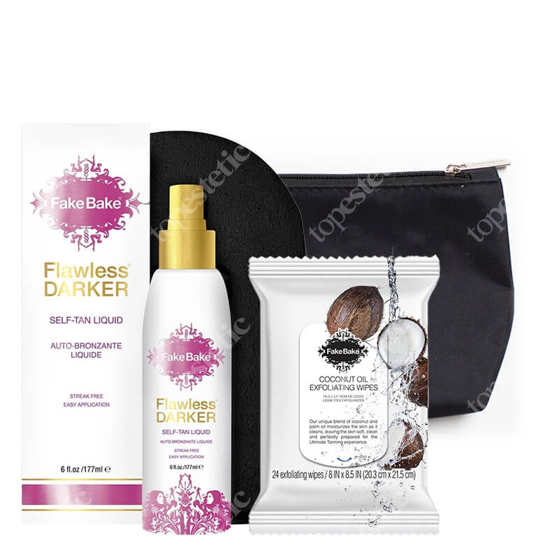 Fake Bake Flawless Darker - Dark + Coconut Exfoliating Wipes ZESTAW Płyn opalający - typ karnacji średnia, ciemna 177 ml + Chusteczki peelingujace 24 szt + Kosmetyczka 1 szt