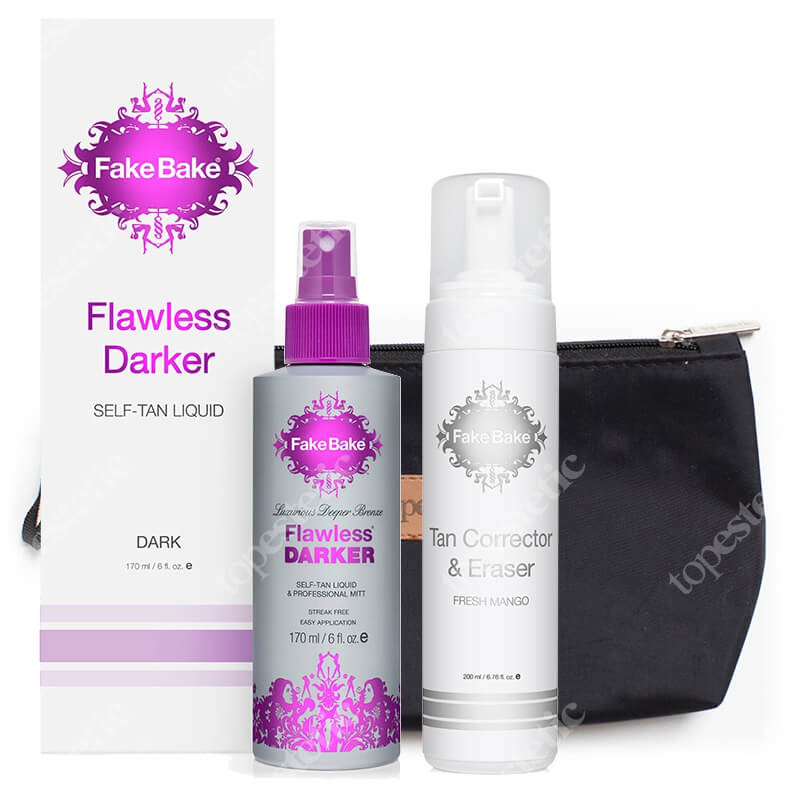 Fake Bake Flawless Darker - Dark + Tan Corrector Eraser + Kosmetyczka Topestetic ZESTAW Płyn opalający 170 ml + Pianka usuwająca opaleniznę 200 ml + Kosmetyczka 1 szt