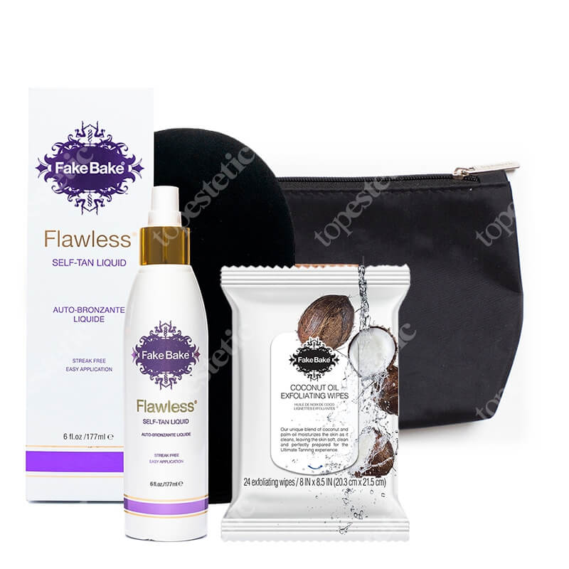 Fake Bake Flawless Self Tan Liquid - Medium + Coconut Exfoliating Wipes ZESTAW Płyn opalający 170 ml + Chusteczki peelingujace 24 szt + Kosmetyczka 1 szt