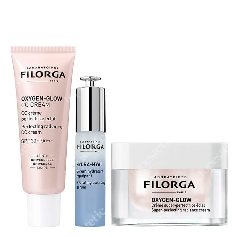 Filorga Oxygen Glow Pack 3 ZESTAW Krem rozświetlająco - upiększający 50 ml + Serum 30 ml + Krem CC 40 ml + Kosmetyczka 1 szt
