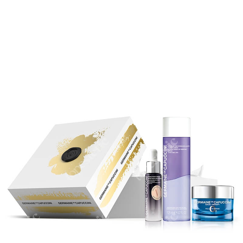 Germaine de Capuccini EXC 02 CR  ZESTAW Krem ochronny przed zanieczyszczeniami 50 ml + Serum regenerujące 15 ml + Dwufazowy płyn do demakijażu 125 ml