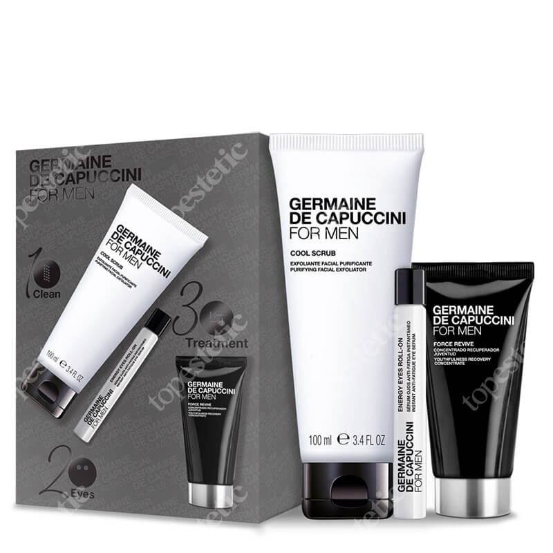Germaine de Capuccini Force for Men ZESTAW Krem do twarzy dla mężczyzn 50 ml + Żel złuszczający do twarzy 100 ml + Roll- on pod oczy 10 ml