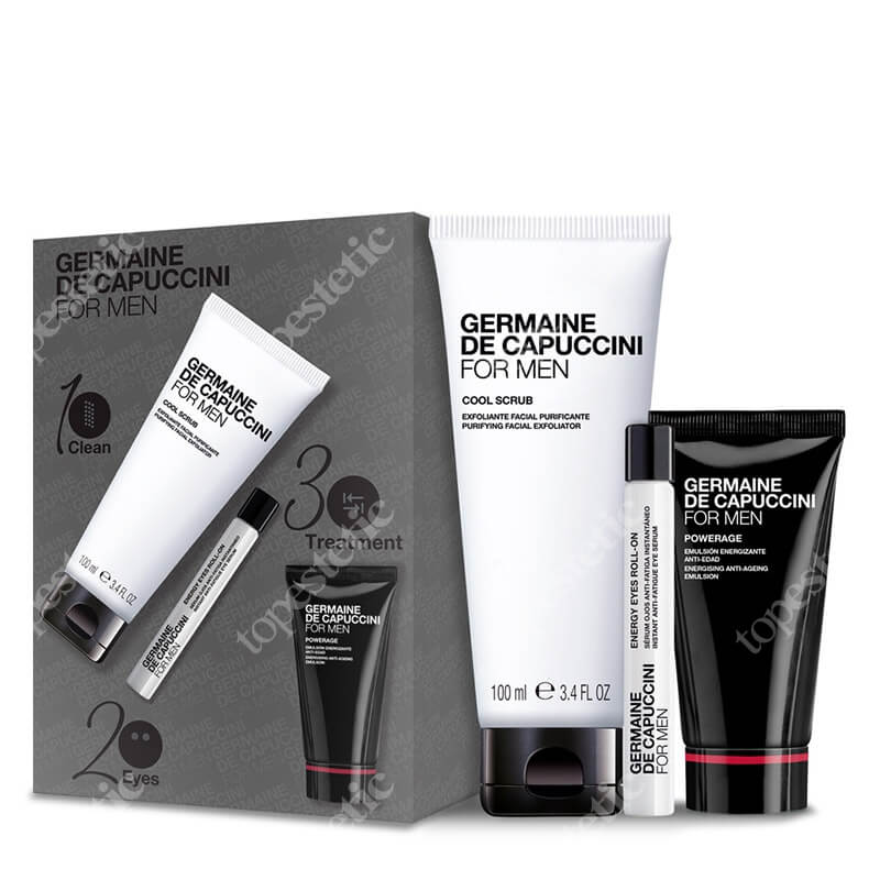 Germaine de Capuccini PowerAge for Men ZESTAW Przeciwstarzeniowa emulsja do twarzy dla mężczyzn 50 ml + Żel złuszczający do twarzy 100 ml + Roll- on pod oczy 10 ml