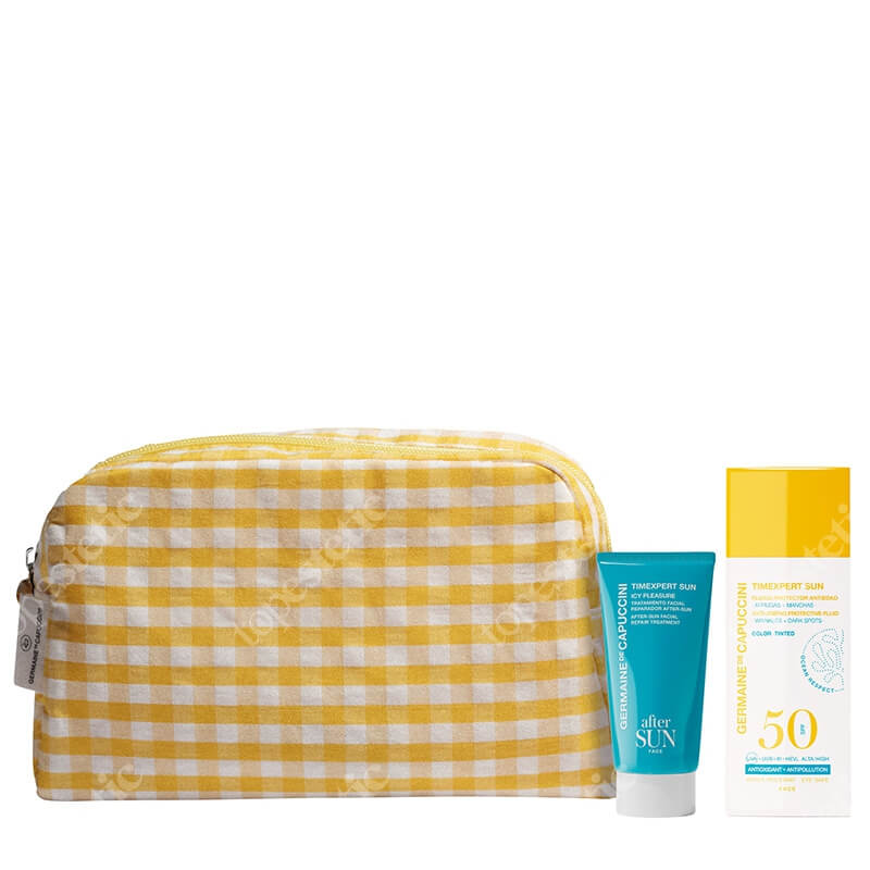 Germaine de Capuccini Timexpert Live the Sun Set Two ZESTAW Płyn ochronny przeciw starzeniu z pigmentem SPF 50 50 ml + Regenerujący zabieg na twarz po opalaniu 50 ml + kosmetyczka 1 szt