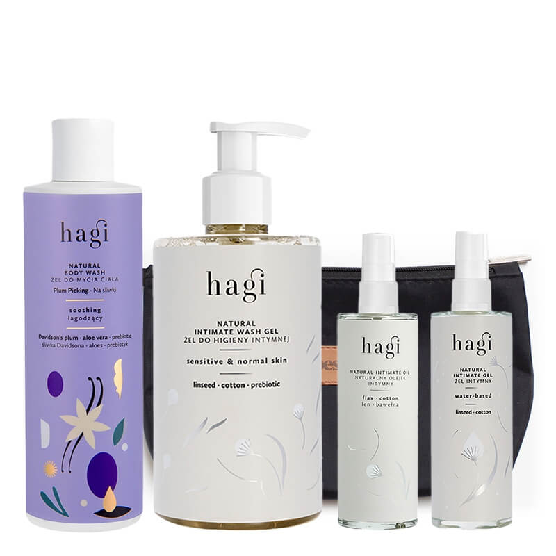 Hagi Intimate Hygiene Kit ZESTAW Żel pod prysznic 300 ml + Płyn do higieny intymnej 300 ml + Żel kojąco-nawilżający 100 ml + Olejek 100 ml + Kosmetyczka 1 szt