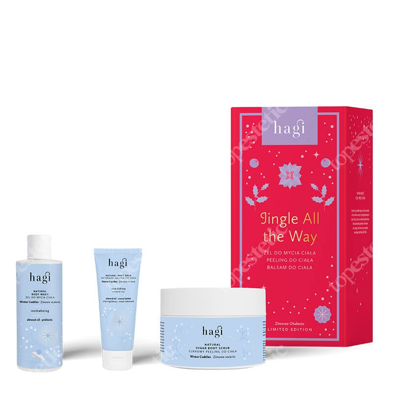 Hagi Jingle All the Way ZESTAW Odświeżający żel do mycia ciała 150 ml + Odżywczy balsam do ciała 75 ml + Cukrowy peeling do ciała 200 ml