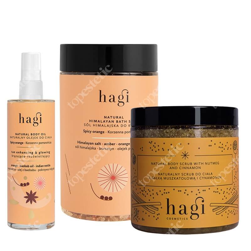 Hagi Korzenna Pielęgnacja ZESTAW Naturalna sól himalajska 480 g + Peeling do ciała 300 g + Brązujący olejek do ciała 100 ml