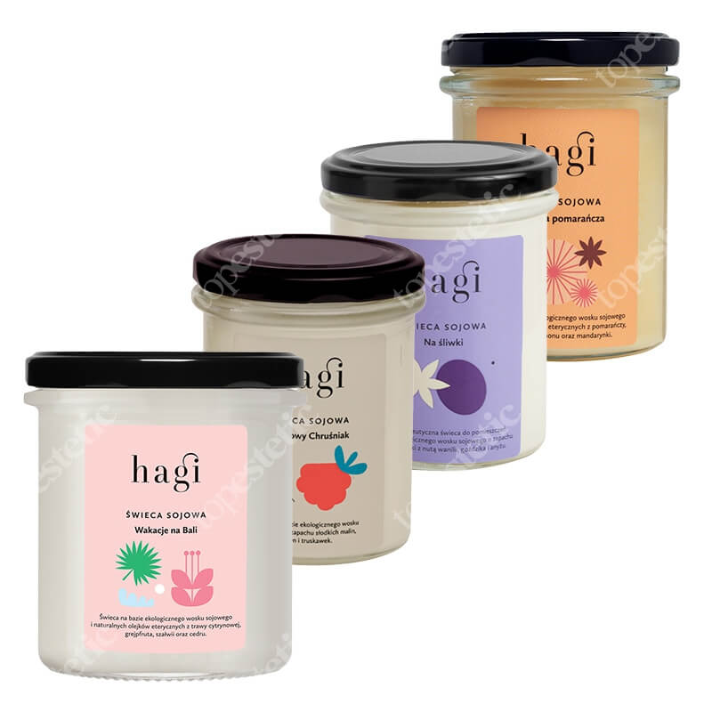 Hagi Korzenna Pomarańcza + Na Śliwki + Malinowy Chruśniak + Wakacje na Bali ZESTAW Świeca na bazie ekologicznego wosku sojowego x 4