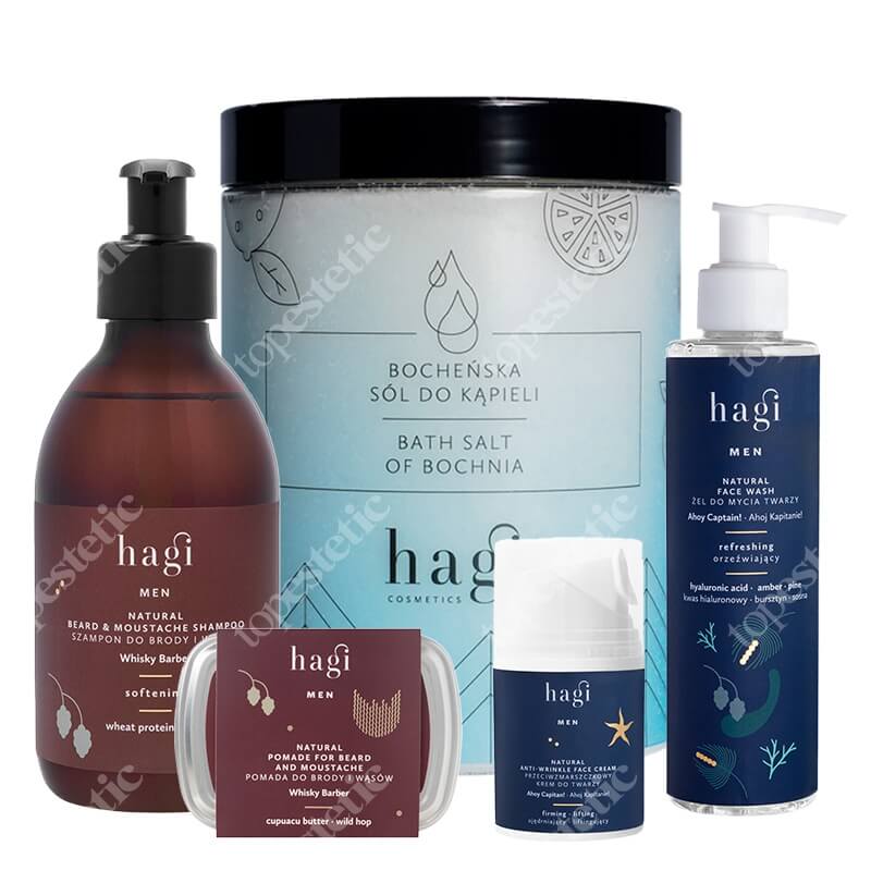 Hagi Męska Pielęgnacja ZESTAW Żel do mycia twarzy 200 ml + Krem 50 ml + Pomada 70 ml + Szampon do brody i wąsów 300 ml + Sól do kąpieli 1300 g