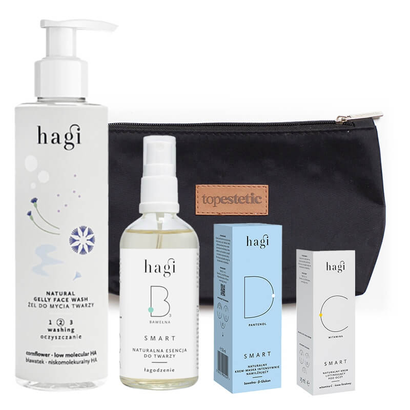 Hagi Pielęgnacja Nawilżająco-Łagodząca na Noc ZESTAW Żel 200 ml + Esencja-tonik 100 ml + Krem na okolicę oczu 15 ml + Krem-maska na noc 50 ml + Kosmetyczka 1 szt