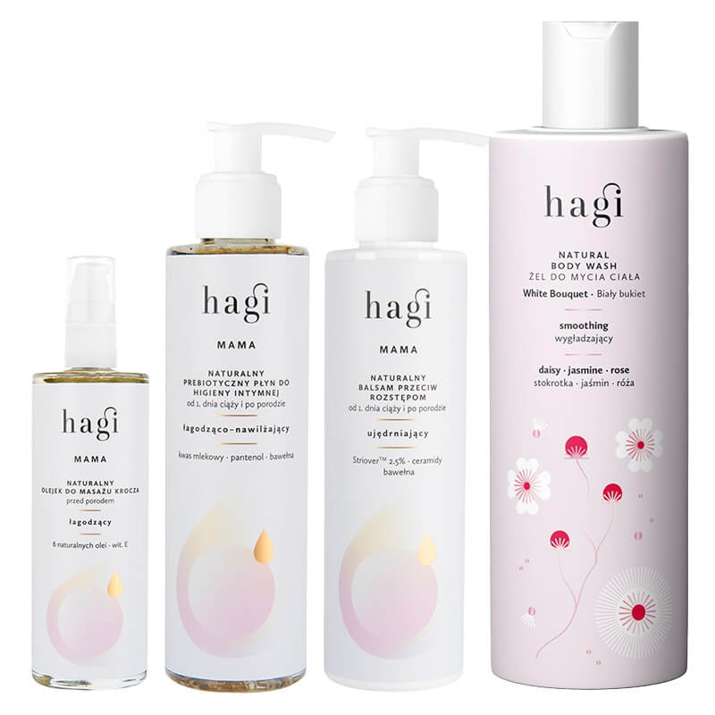 Hagi Płyn do Higieny Intymnej + Żel do Mycia + Olejek do Okolic Intymnych + Balsam ZESTAW Płyn 200 ml + Żel do mycia ciała 300 ml + Olejek 100 ml + Balsam 200 ml