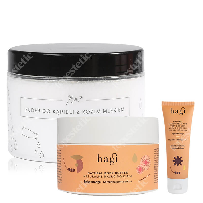 Hagi Puder do Kąpieli + Masło do Ciała + Krem do Rąk ZESTAW Naturalny puder do kąpieli z kozim mlekiem, masłem shea 400 g + Masło regenerujące 200 ml + Regenerujący krem do rąk 50 ml