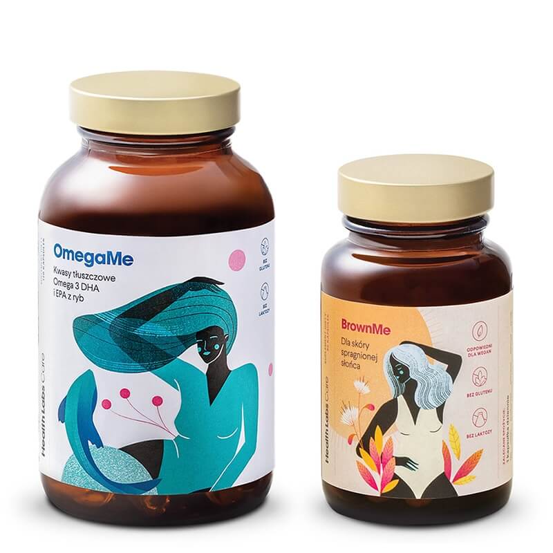 Health Labs Care BrownMe + OmegaMe ZESTAW Antyoksydanty dla prawidłowej pigmentacji i zdrowia skóry 30 kaps. + Kwasy tłuszczowe Omega 3 EPA i DHA z ryb, 60 kaps.