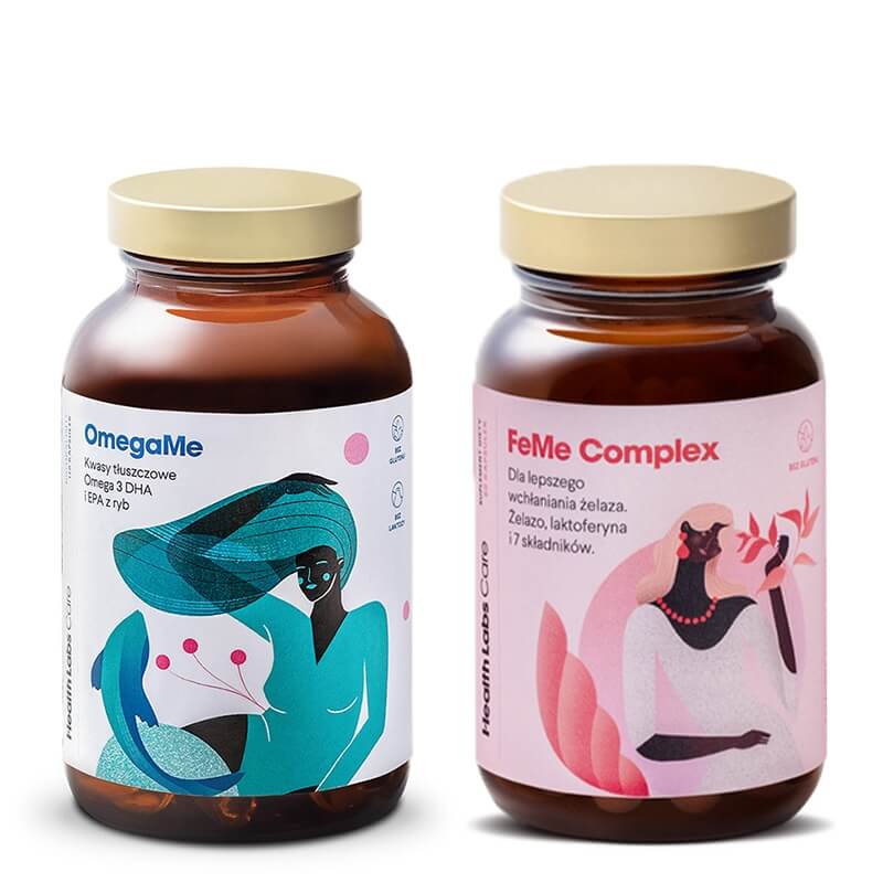 Health Labs Care FeMe Complex + OmegaMe ZESTAW Dla lepszego wchłaniania żelaza 60 kaps + Kwasy tłuszczowe Omega 3 EPA i DHA z ryb, 60 kaps.