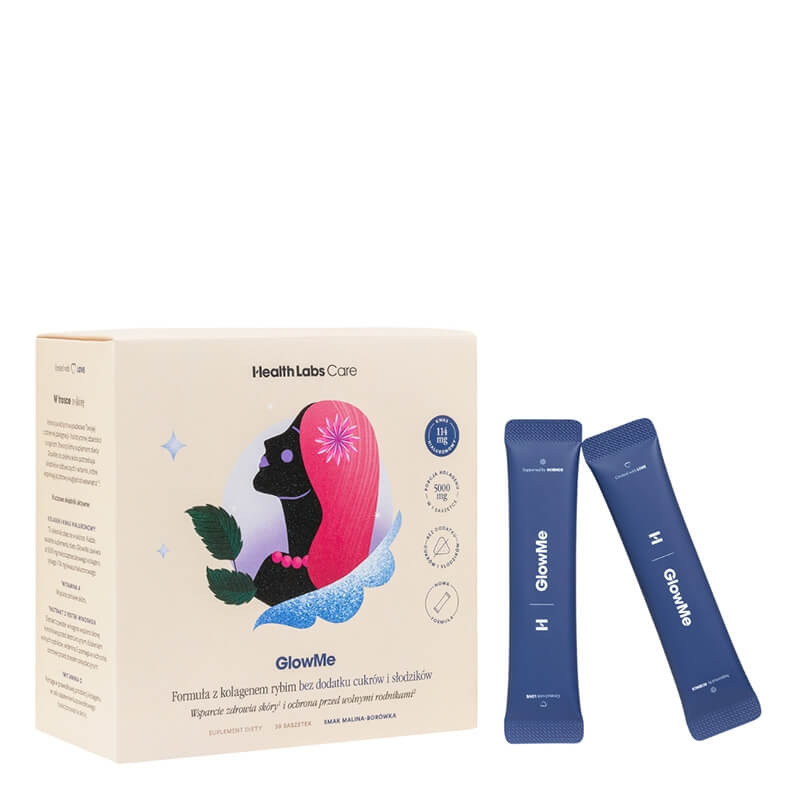 Health Labs Care GlowMe Kolagen z kwasem hialuronowym, bez dodatku cukrów i słodzików (malina-borówka) 30 saszetek