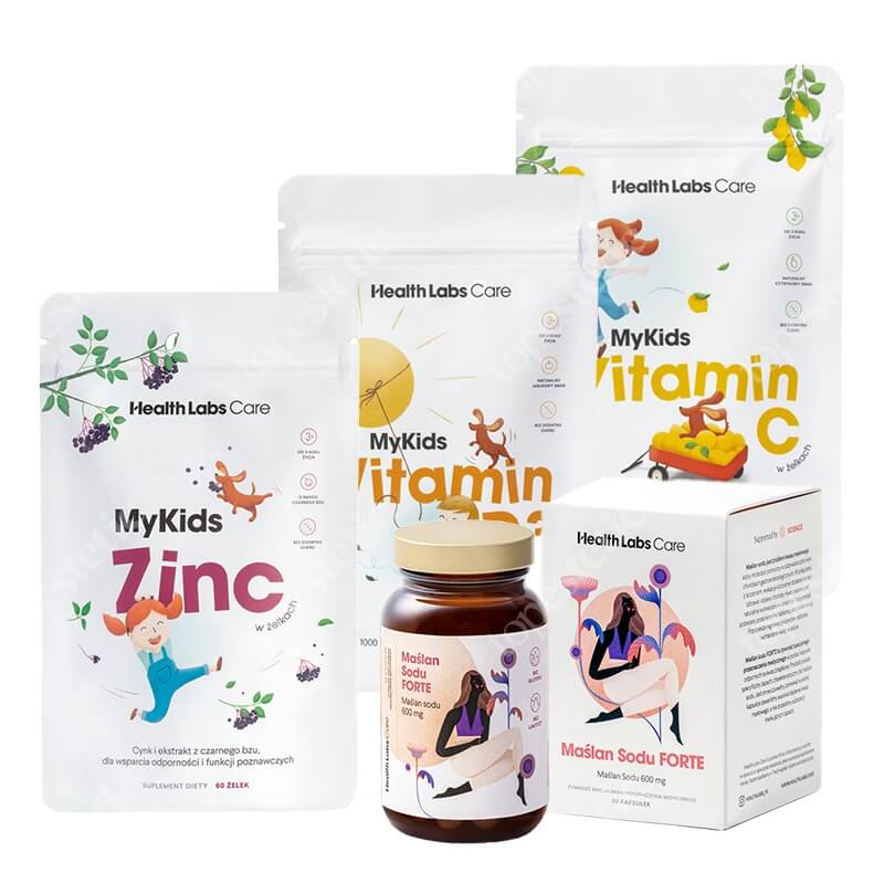 Health Labs Care Maślan Sodu Forte + Jelly Kids ZESTAW Maślan sodu 60 kaps + Witamina C w żelkach 60 szt + Cynk w żelkach 60 szt + Witamina D3 w żelkach 60 szt