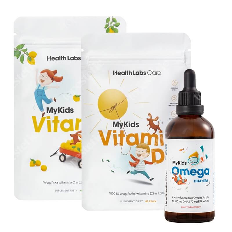 Health Labs Care MyKids Healthy Set ZESTAW Kwasy Omega 3 w kroplach 100 ml + Witamina D w formie żelek 60 szt + Witamina C dla dzieci w żelkach 60 szt