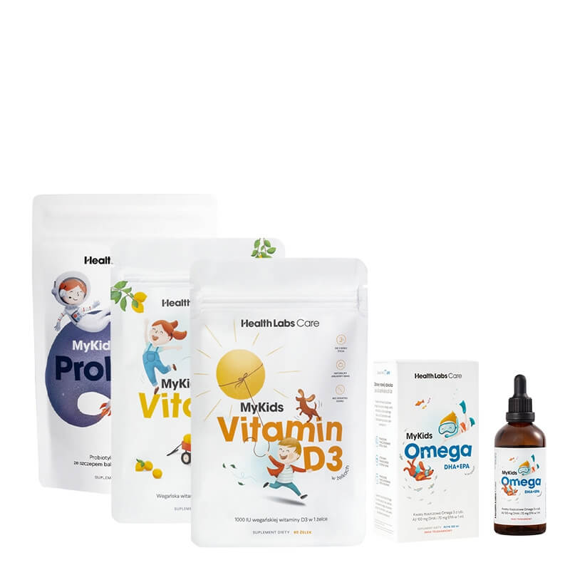 Health Labs Care MyKids Healthy Set ZESTAW Probiotyk w żelkach 60 szt + Kwasy Omega 3 w kroplach 100 ml + Witamina D w żelekach 60 szt + Witamina C w żelkach 60 szt