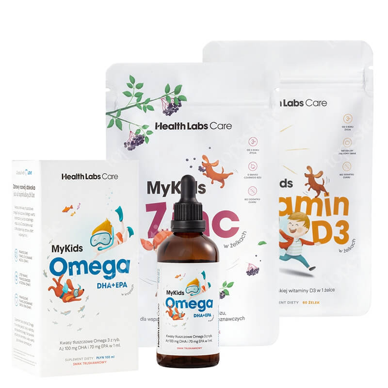 Health Labs Care MyKids ZESTAW Omega 3 w kroplach 100 ml + Witamina D w żelkach 60 szt + Cynk dla dzieci w żelkach 60 szt