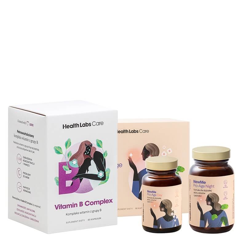 Health Labs Care NewMe Pro Age + Vitamin B ZESTAW Kolagen i kwas hialuronowy 90 kaps + Kompleks witamin z grupy B 60 kaps. GRATIS