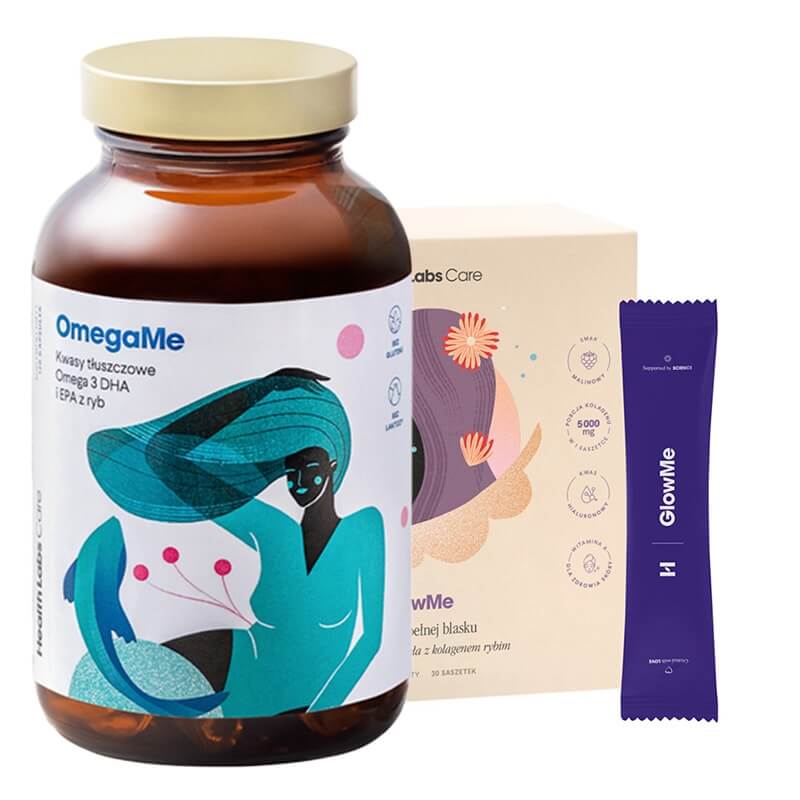 Health Labs Care OmegaMe + GlowMe ZESTAW Kwasy tłuszczowe Omega 3 EPA i DHA z ryb 120 kaps + Nawilżona, napięta i gładka skóra 30 saszetek
