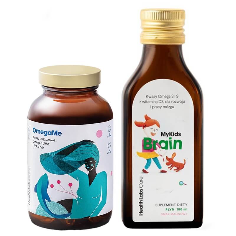 Health Labs Care OmegaMe + MyKids Brain ZESTAW Kwasy tłuszczowe Omega 3 EPA i DHA z ryb, 60 kaps. + Dla rozwoju i pracy mózgu dziecka 100 ml
