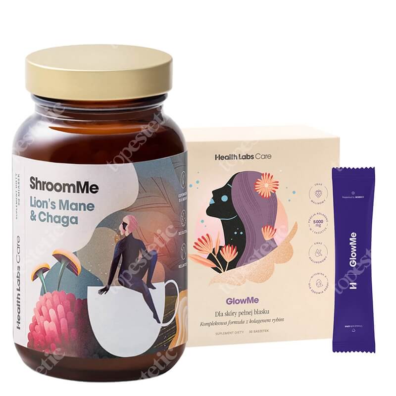 Health Labs Care ShroomMe Lions Mane and Chaga + GlowMe ZESTAW Rytuał, który doda Ci energii i poprawi koncentrację 90 miarek + Nawilżona, napięta i gładka skóra 30 saszetek