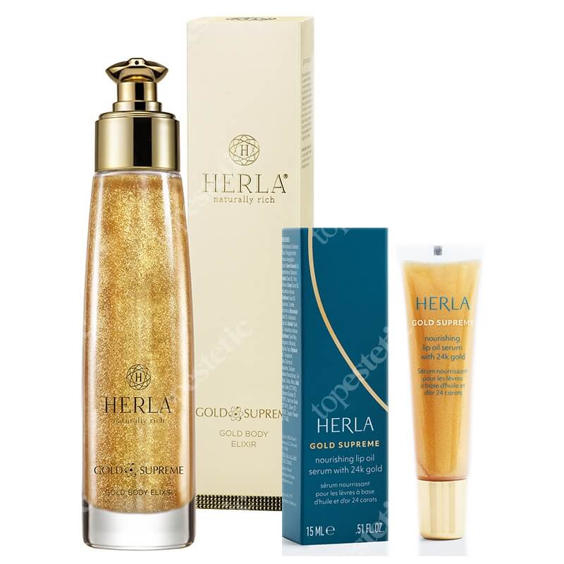 Herla Shine Like 24k Gold ZESTAW Złoty elixir do ciała z drobinkami 100 ml + Odżywcze serum olejowe do ust z 24-karatowym złotem 15 ml