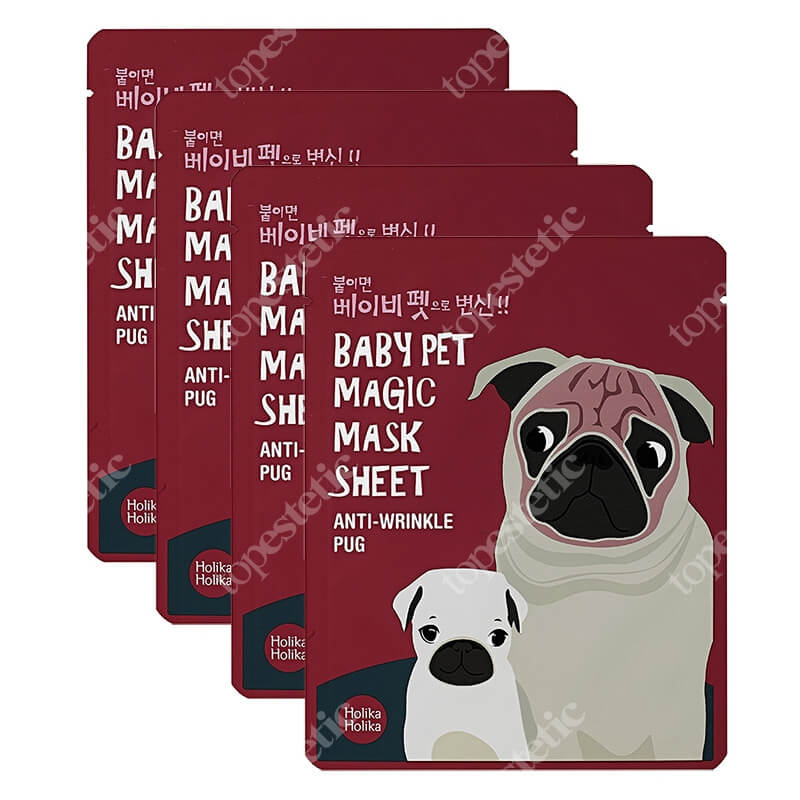 Holika Holika Baby Pet Magic Mask - Anti Wrinkle Pug x 4 ZESTAW Przeciwzmarszczkowa bawełniana maseczka w płachcie 1 szt x 4